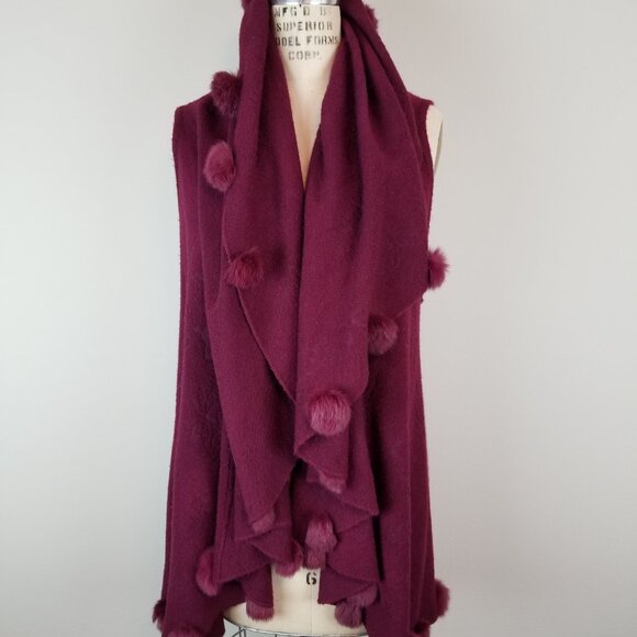 Vintage Wine Burgundy Knit Long Vest with Dramatic Collar & Rabbit Fur Pom Poms - Picture 2 of 11